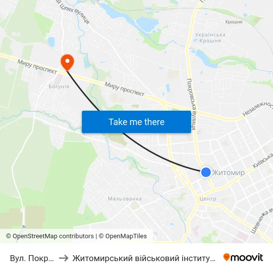Вул. Покровська to Житомирський військовий інститут ім. С.П.Корольова map