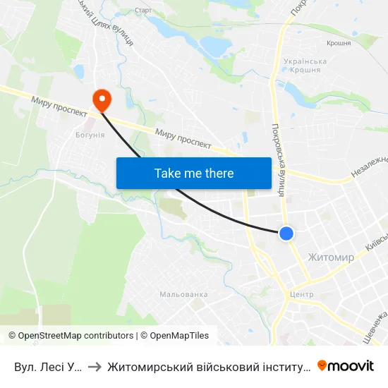 Вул. Лесі Українки to Житомирський військовий інститут ім. С.П.Корольова map
