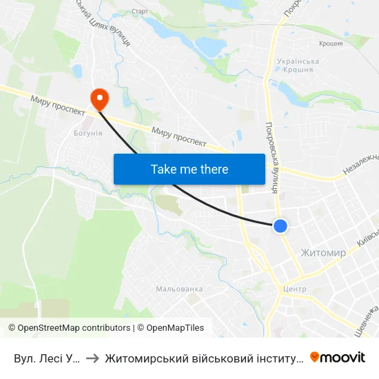 Вул. Лесі Українки to Житомирський військовий інститут ім. С.П.Корольова map