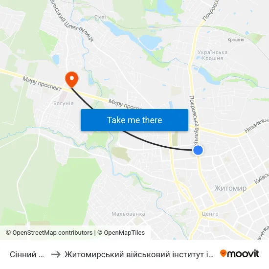 Сінний Ринок to Житомирський військовий інститут ім. С.П.Корольова map