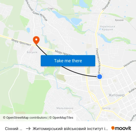Сінний Ринок to Житомирський військовий інститут ім. С.П.Корольова map