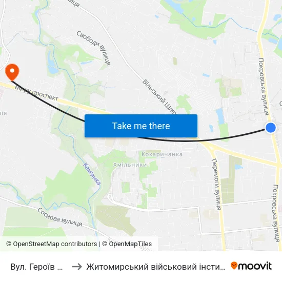 Вул. Героїв Чорнобиля to Житомирський військовий інститут ім. С.П.Корольова map