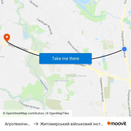 Агротехнічний Коледж to Житомирський військовий інститут ім. С.П.Корольова map