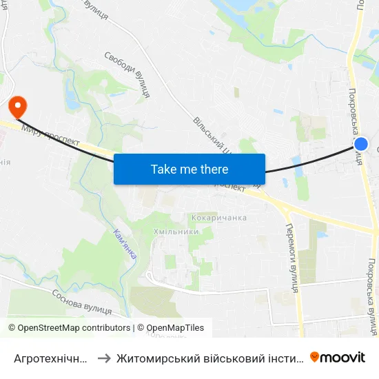 Агротехнічний Коледж to Житомирський військовий інститут ім. С.П.Корольова map