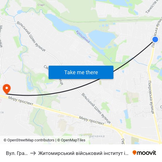 Вул. Гранітна to Житомирський військовий інститут ім. С.П.Корольова map