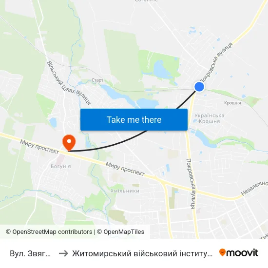 Вул. Звягельська to Житомирський військовий інститут ім. С.П.Корольова map