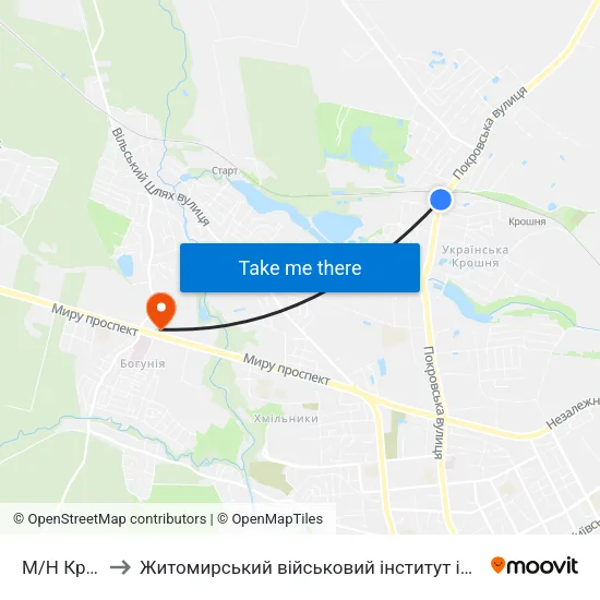 М/Н Крошня to Житомирський військовий інститут ім. С.П.Корольова map