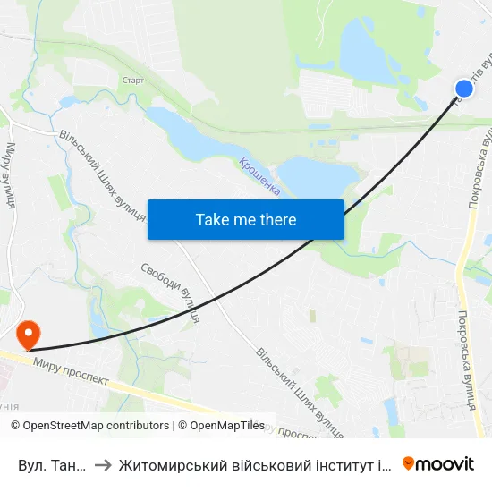 Вул. Танкістів to Житомирський військовий інститут ім. С.П.Корольова map