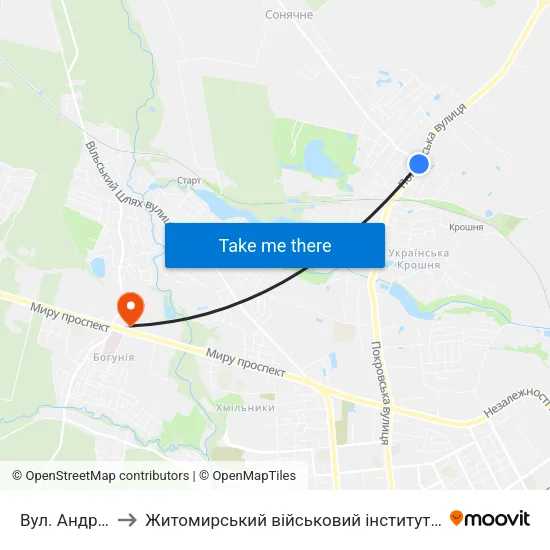 Вул. Андріївська to Житомирський військовий інститут ім. С.П.Корольова map