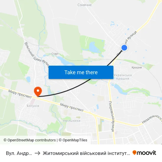Вул. Андріївська to Житомирський військовий інститут ім. С.П.Корольова map
