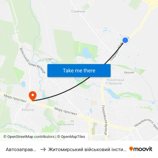 Автозаправна Станція to Житомирський військовий інститут ім. С.П.Корольова map