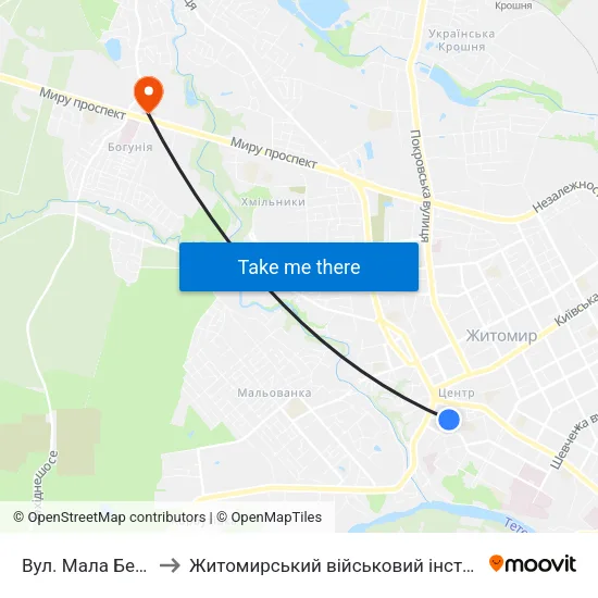Вул. Мала Бердичівська to Житомирський військовий інститут ім. С.П.Корольова map