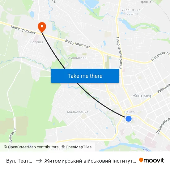Вул. Театральна to Житомирський військовий інститут ім. С.П.Корольова map