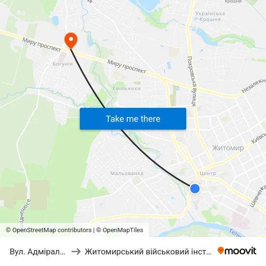 Вул. Адмірала Щастного to Житомирський військовий інститут ім. С.П.Корольова map