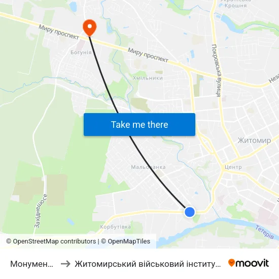 Монумент Слави to Житомирський військовий інститут ім. С.П.Корольова map