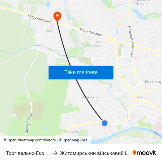 Торгівельно-Економічний Коледж to Житомирський військовий інститут ім. С.П.Корольова map