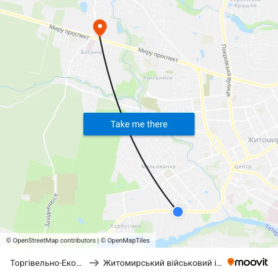 Торгівельно-Економічний Коледж to Житомирський військовий інститут ім. С.П.Корольова map