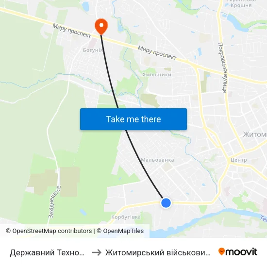 Державний Технологiчний Університет to Житомирський військовий інститут ім. С.П.Корольова map