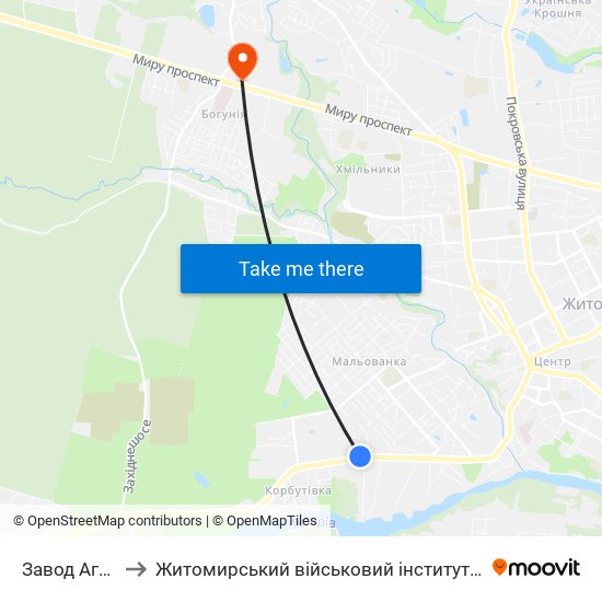 Завод Агромаш to Житомирський військовий інститут ім. С.П.Корольова map