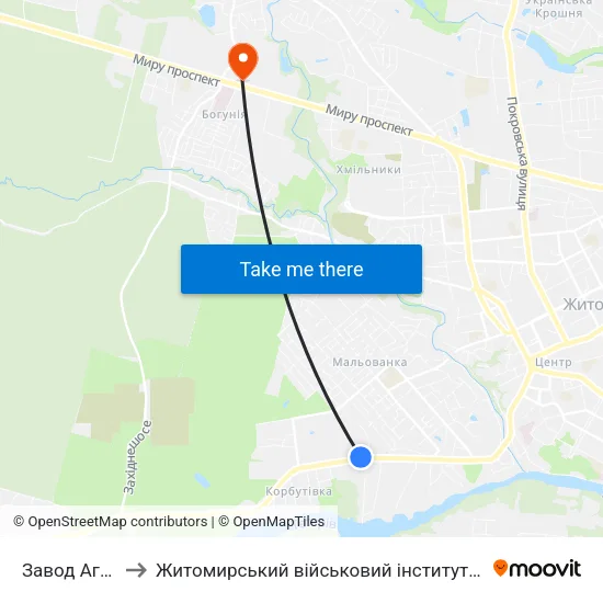 Завод Агромаш to Житомирський військовий інститут ім. С.П.Корольова map