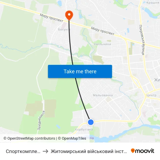 Спорткомплекс Динамо to Житомирський військовий інститут ім. С.П.Корольова map