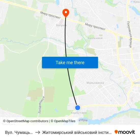Вул. Чумацький Шлях to Житомирський військовий інститут ім. С.П.Корольова map