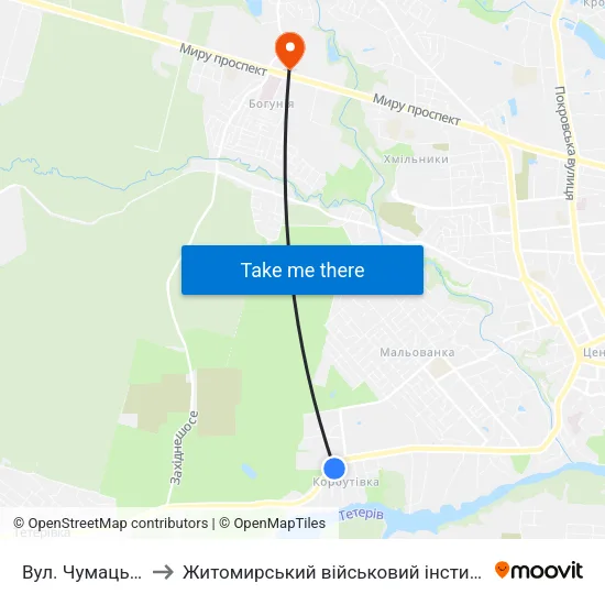 Вул. Чумацький Шлях to Житомирський військовий інститут ім. С.П.Корольова map
