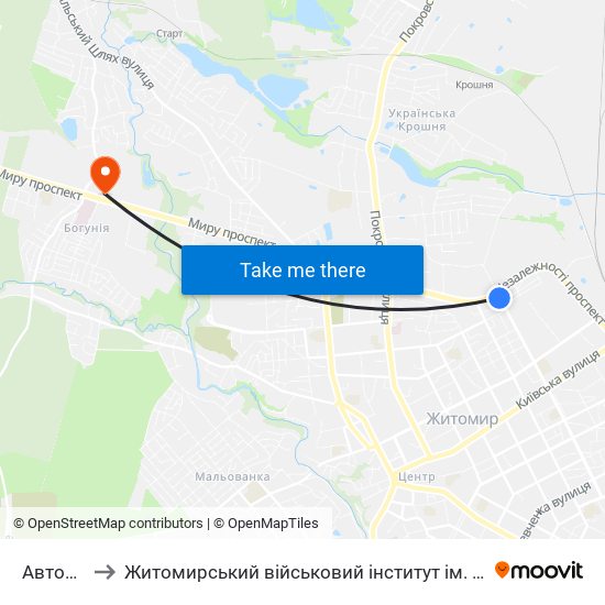 Автопарк to Житомирський військовий інститут ім. С.П.Корольова map