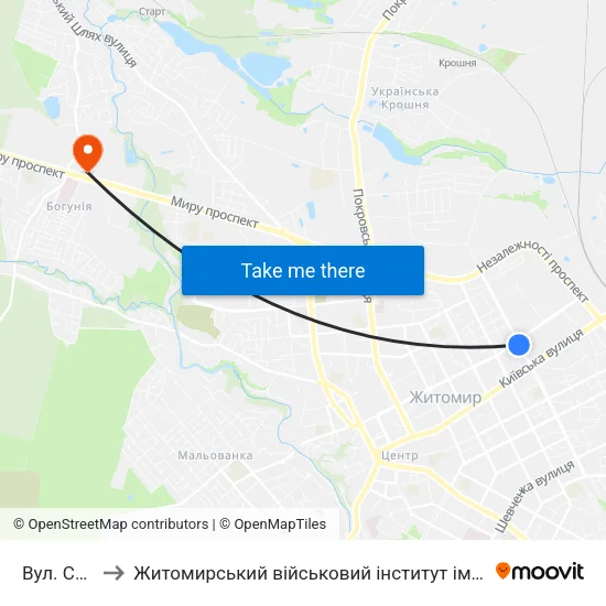 Вул. Східна to Житомирський військовий інститут ім. С.П.Корольова map