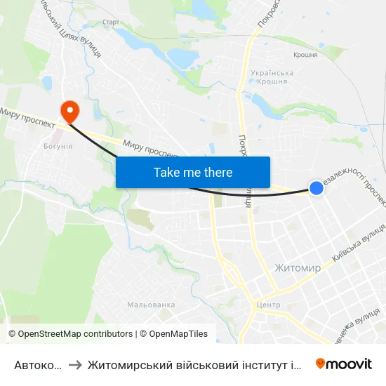 Автоколона to Житомирський військовий інститут ім. С.П.Корольова map