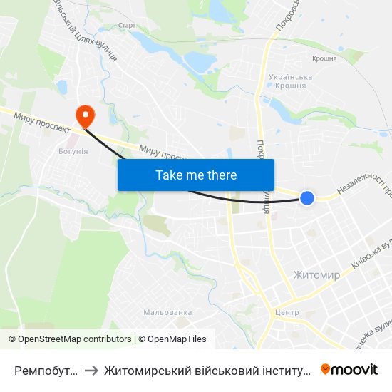 Ремпобуттехніка to Житомирський військовий інститут ім. С.П.Корольова map