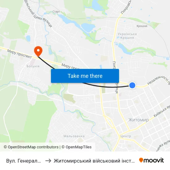 Вул. Генерала Потапова to Житомирський військовий інститут ім. С.П.Корольова map