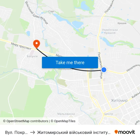 Вул. Покровська to Житомирський військовий інститут ім. С.П.Корольова map