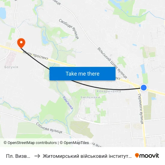 Пл. Визволення to Житомирський військовий інститут ім. С.П.Корольова map