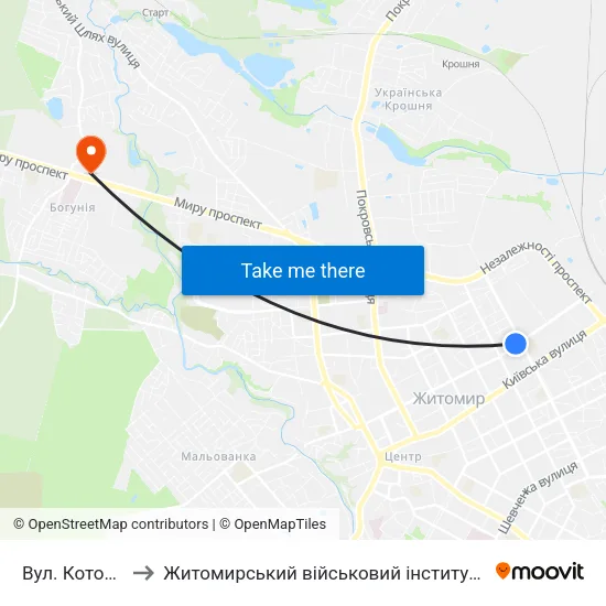 Вул. Котовського to Житомирський військовий інститут ім. С.П.Корольова map