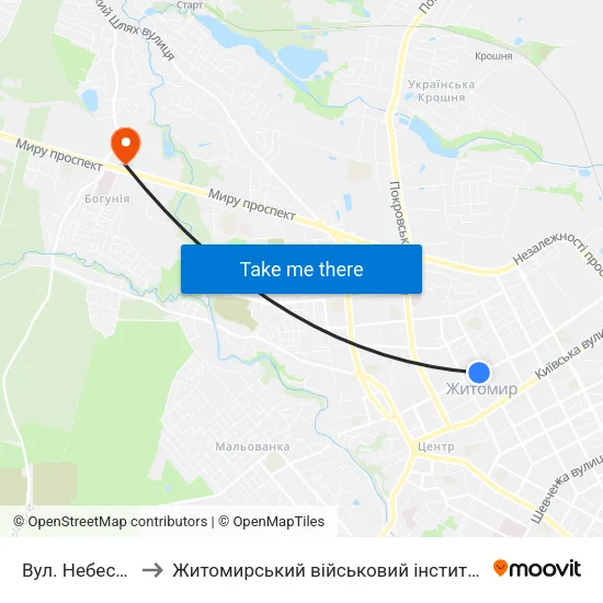 Вул. Небесної Сотні to Житомирський військовий інститут ім. С.П.Корольова map