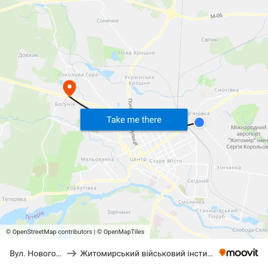 Вул. Новогоголівська to Житомирський військовий інститут ім. С.П.Корольова map
