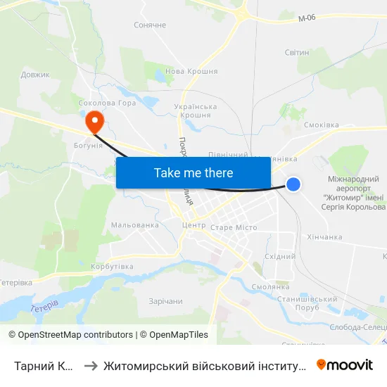 Тарний Комбінат to Житомирський військовий інститут ім. С.П.Корольова map