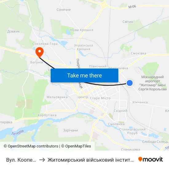 Вул. Кооперативна to Житомирський військовий інститут ім. С.П.Корольова map