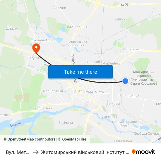 Вул. Металістів to Житомирський військовий інститут ім. С.П.Корольова map