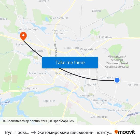 Вул. Промислова to Житомирський військовий інститут ім. С.П.Корольова map