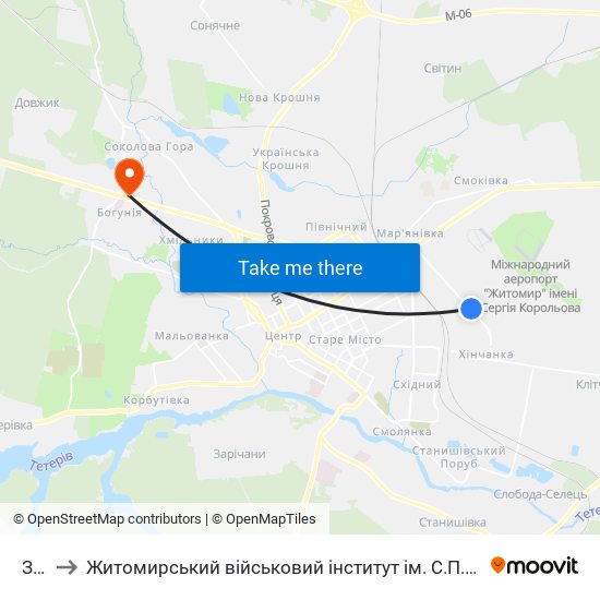 Зок to Житомирський військовий інститут ім. С.П.Корольова map