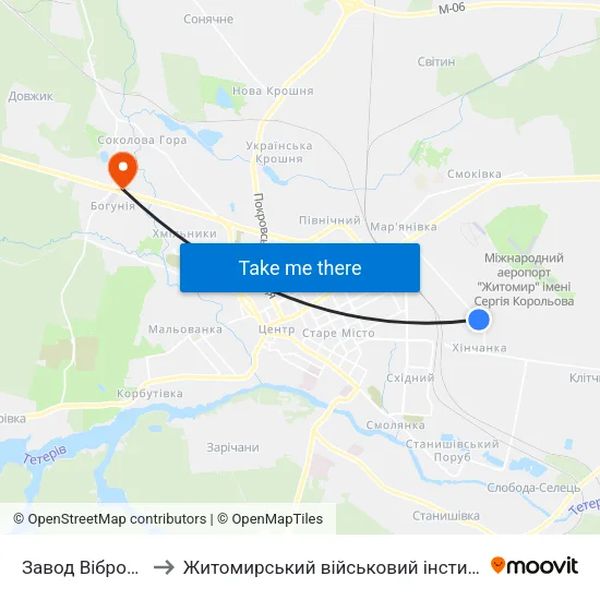 Завод Вібросепаратор to Житомирський військовий інститут ім. С.П.Корольова map