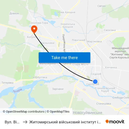 Вул. Вітрука to Житомирський військовий інститут ім. С.П.Корольова map