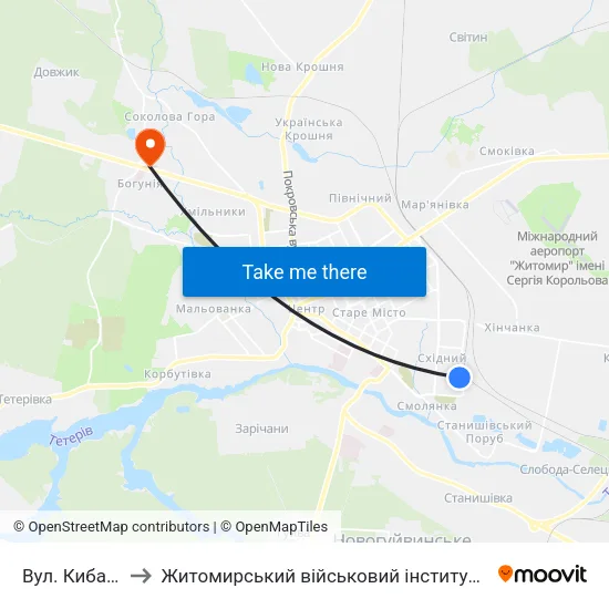Вул. Кибальчича to Житомирський військовий інститут ім. С.П.Корольова map