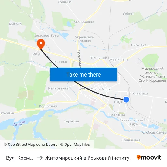 Вул. Космонавтів to Житомирський військовий інститут ім. С.П.Корольова map
