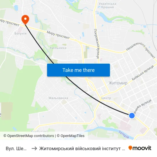 Вул. Шевченка to Житомирський військовий інститут ім. С.П.Корольова map