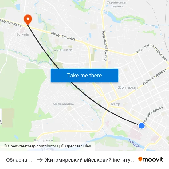 Обласна Лікарня to Житомирський військовий інститут ім. С.П.Корольова map