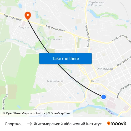 Спорткомплекс to Житомирський військовий інститут ім. С.П.Корольова map