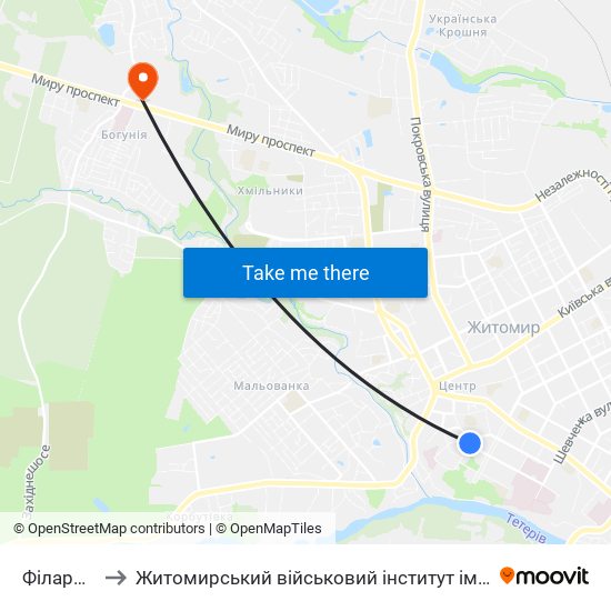 Філармонія to Житомирський військовий інститут ім. С.П.Корольова map